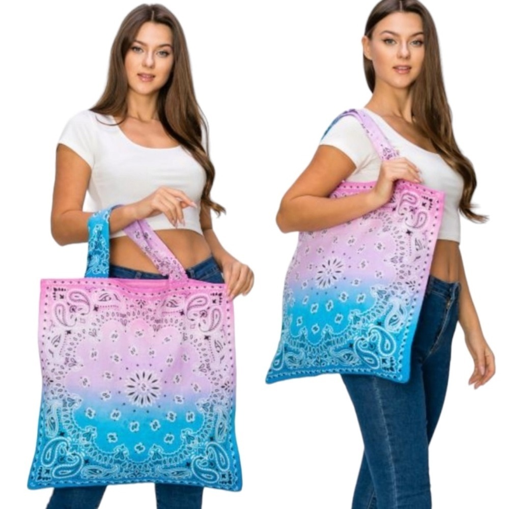 Large Bandana Print Reusable Square Tote Bag Pink/Blue